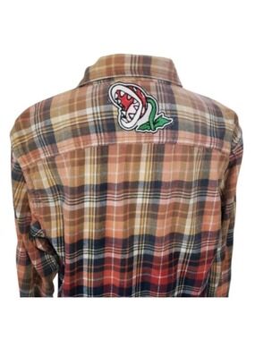 Upcycled Distressed Flannel with "Fire Piranha" Embroidered Patch Large